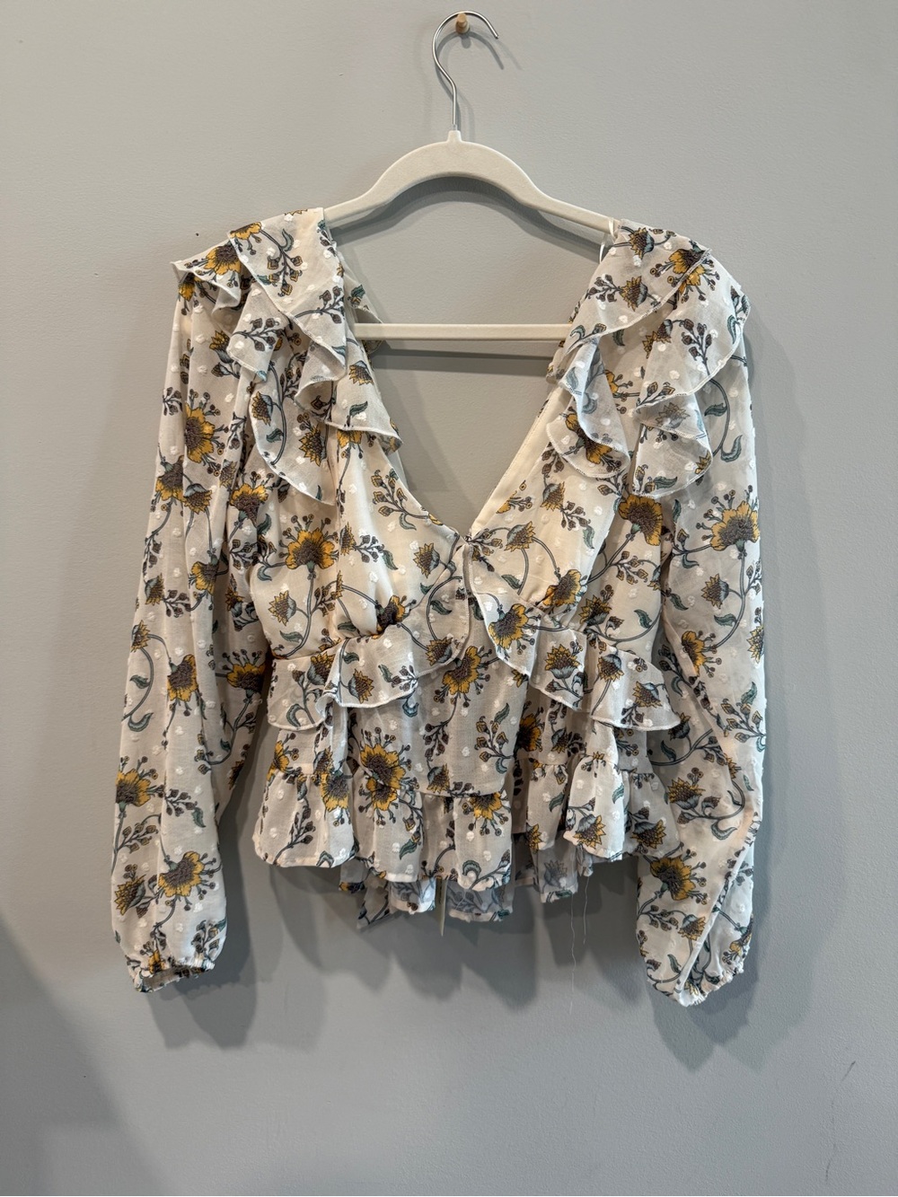 Francesca’s Floral Ruffle V-Neck Blouse